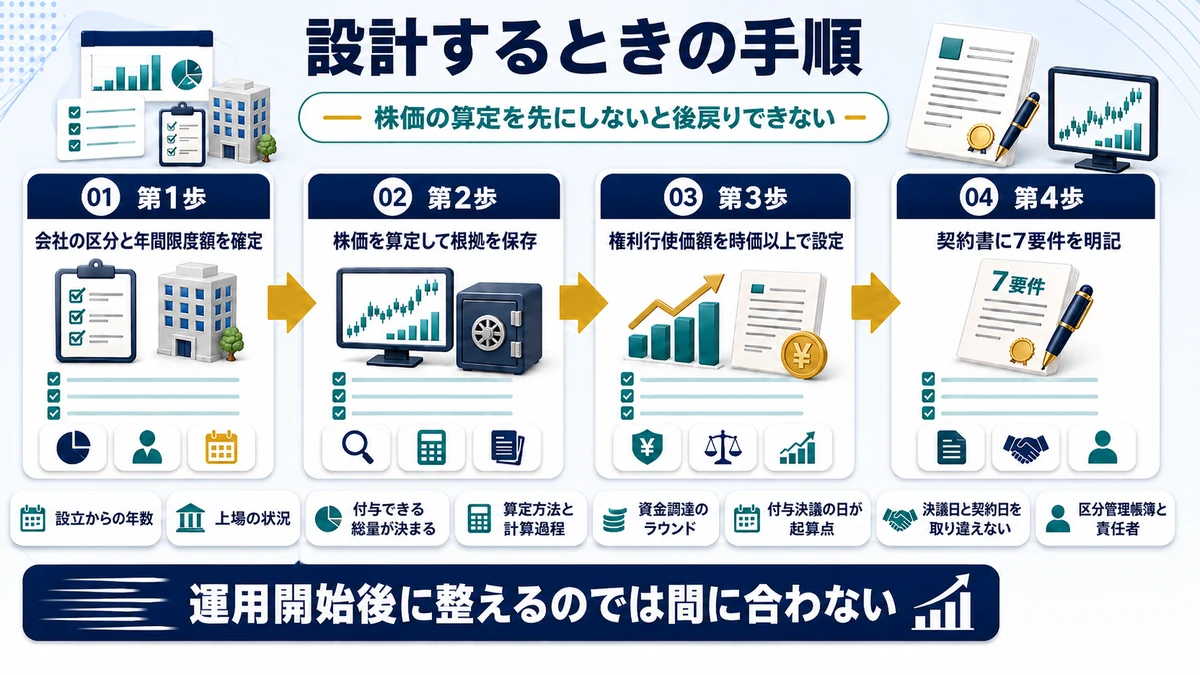 税制適格ストックオプションを設計するときの手順を示した図