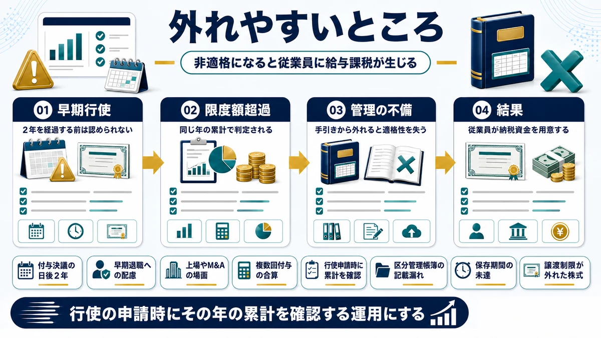 税制適格ストックオプションで要件から外れやすい箇所を示した図