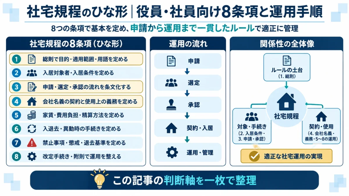 社宅規程のひな形｜役員・社員向け8条項と運用手順