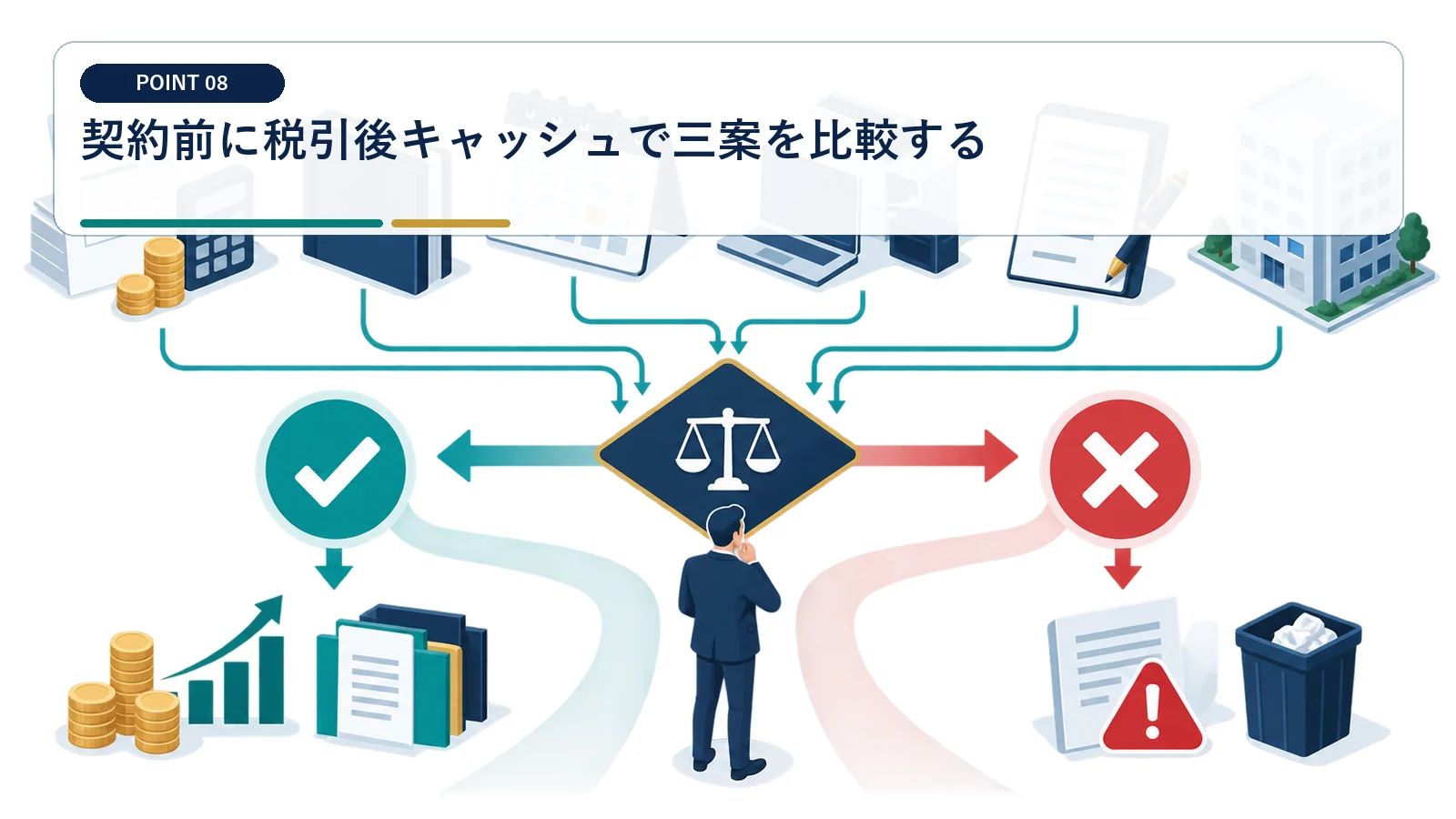 契約前に税引後キャッシュで三案を比較する