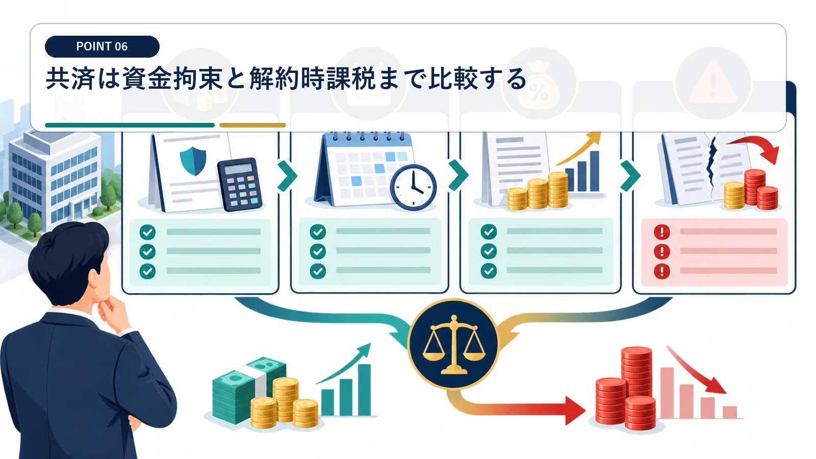 共済は資金拘束と解約時課税まで比較する