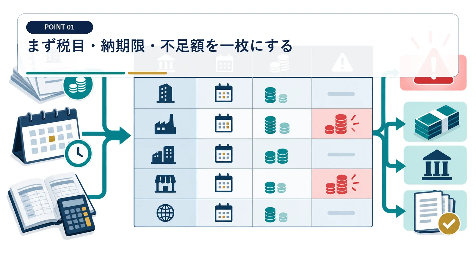 まず税目・納期限・不足額を一枚にする
