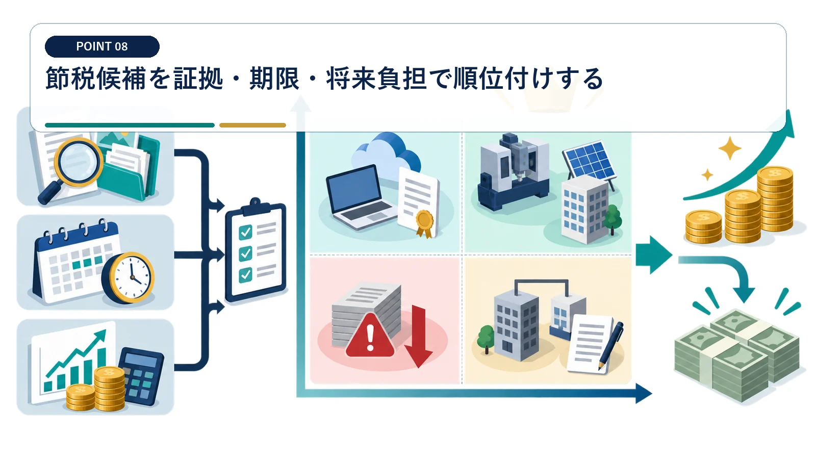 節税候補を証拠・期限・将来負担で順位付けする
