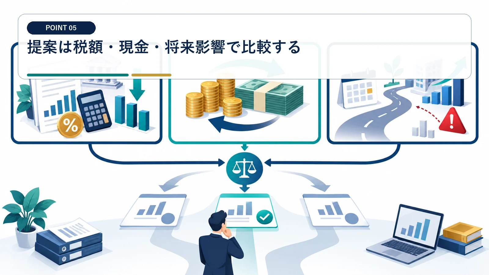 提案は税額・現金・将来影響で比較する