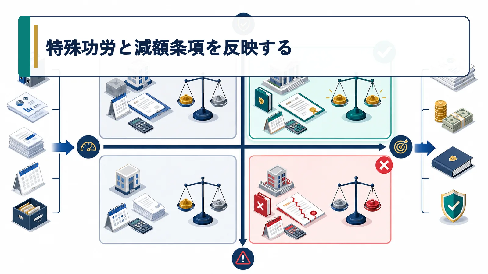 特殊功労と減額条項を反映する
