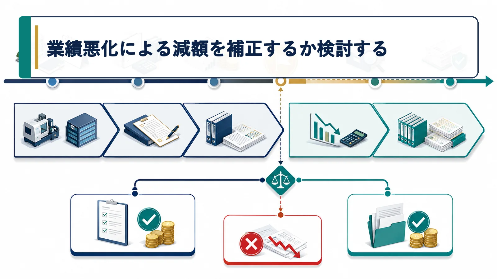 業績悪化による減額を補正するか検討する