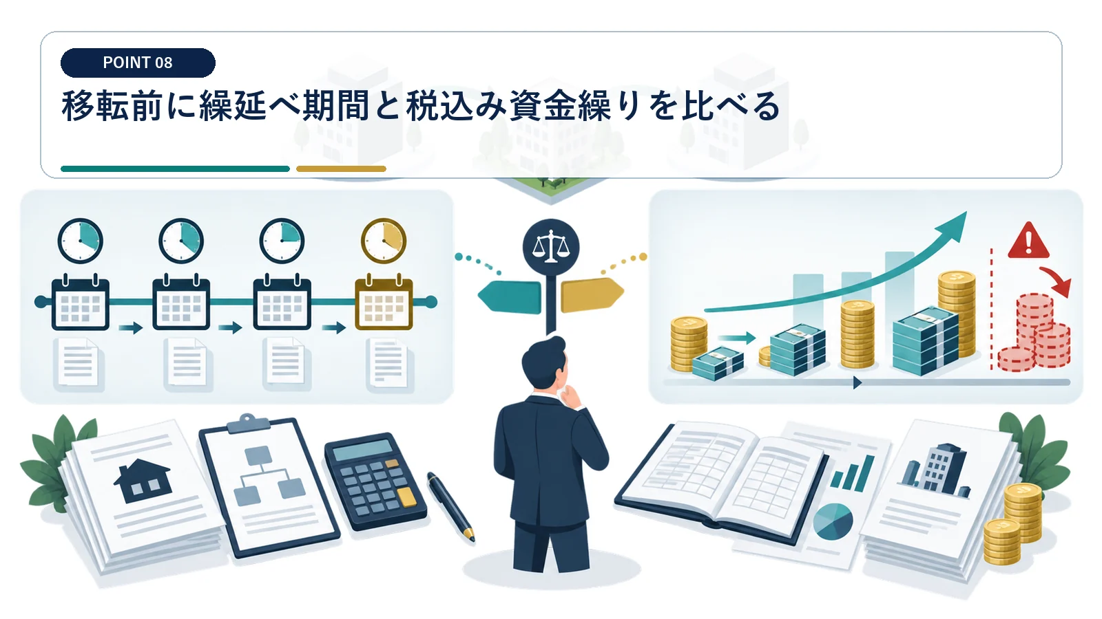 移転前に繰延べ期間と税込み資金繰りを比べる