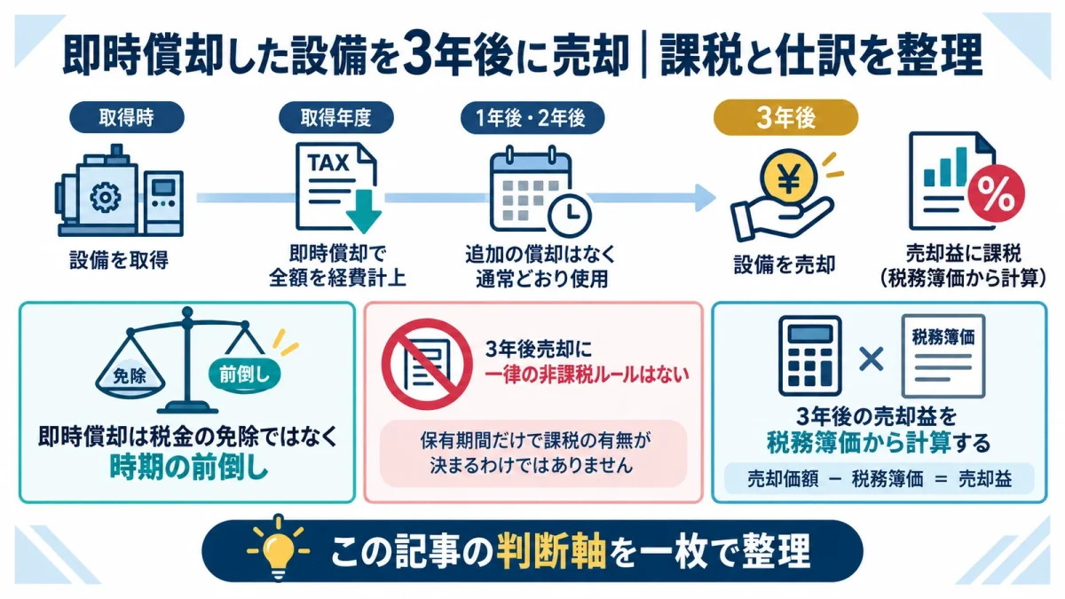 即時償却した設備を3年後に売却｜課税と仕訳を整理