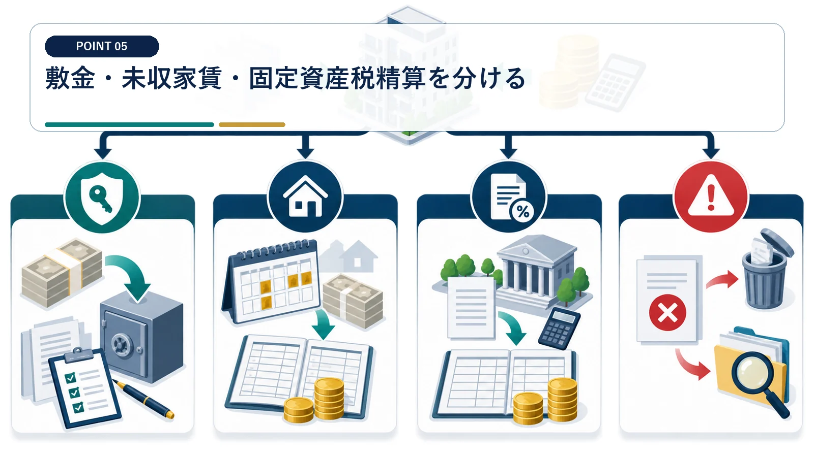 敷金・未収家賃・固定資産税精算を分ける