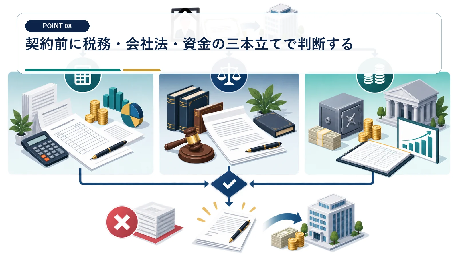 契約前に税務・会社法・資金の三本立てで判断する