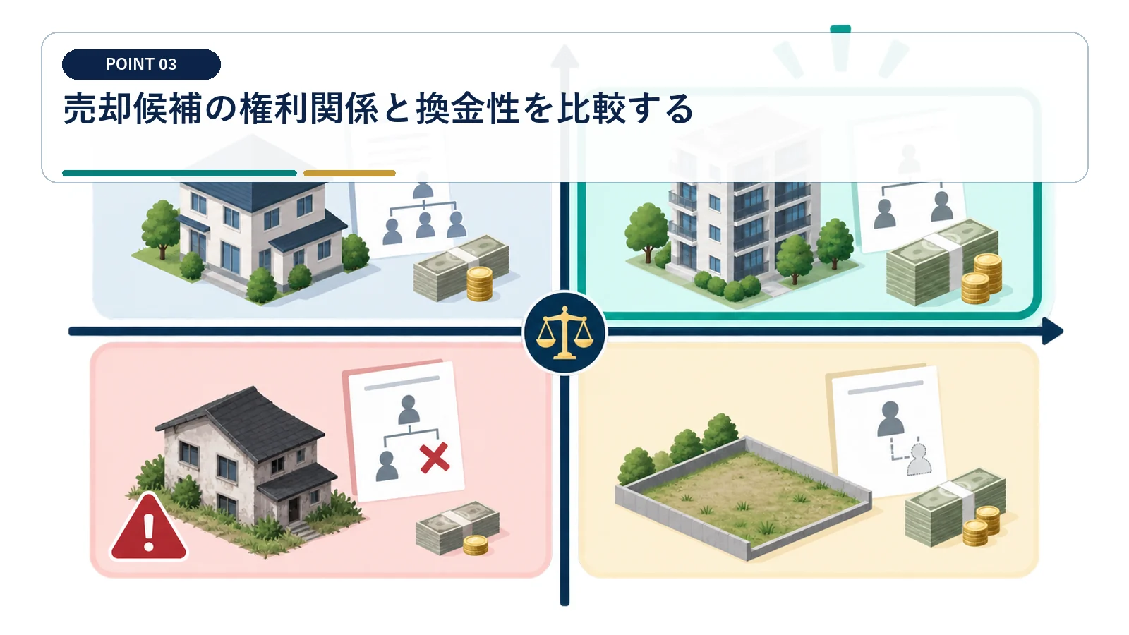 売却候補の権利関係と換金性を比較する