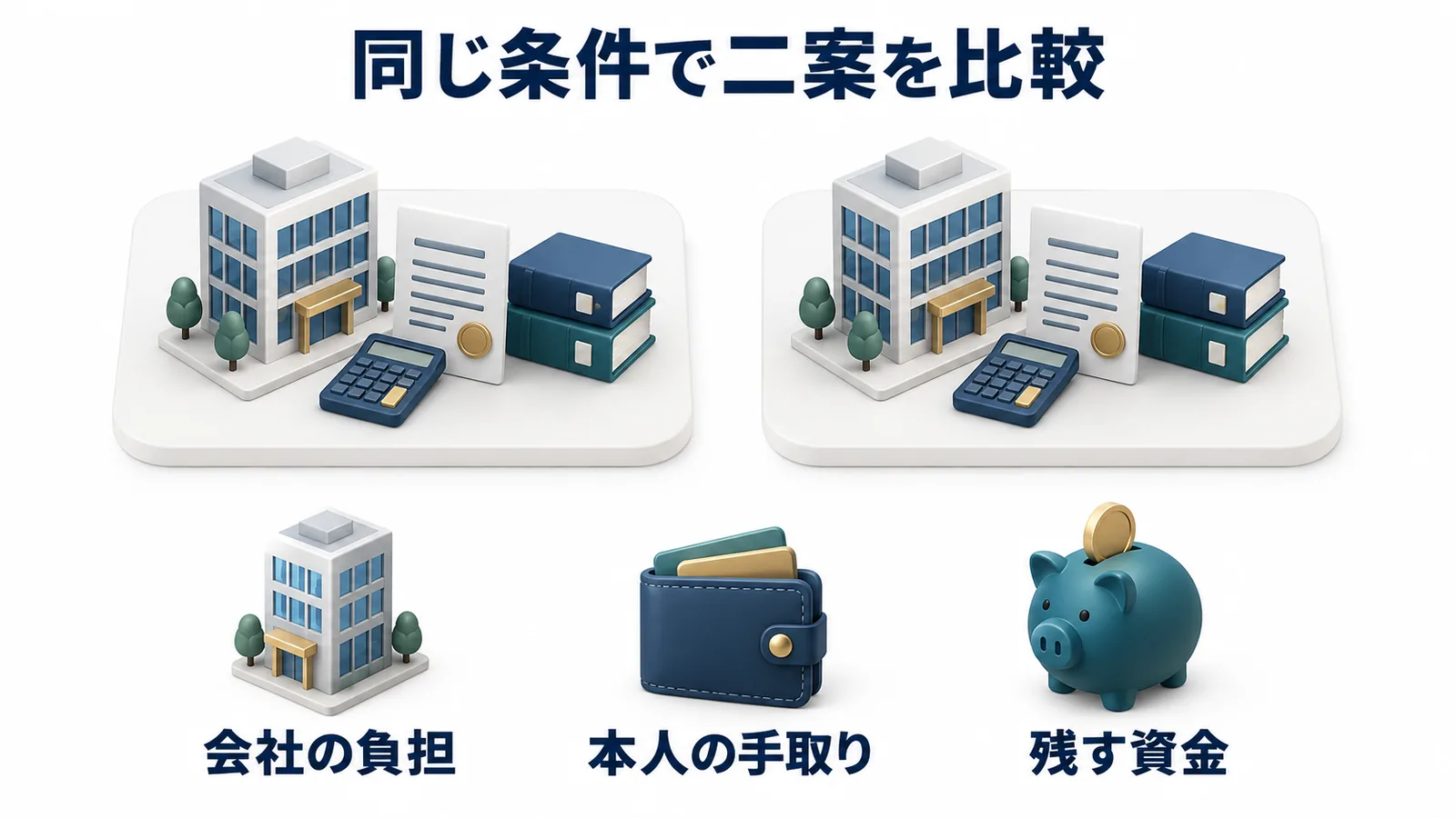 同じ条件で会社の負担・本人の手取り・残す資金を比較