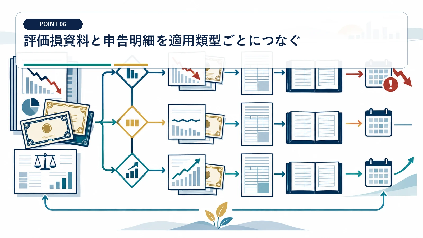 評価損資料と申告明細を適用類型ごとにつなぐ