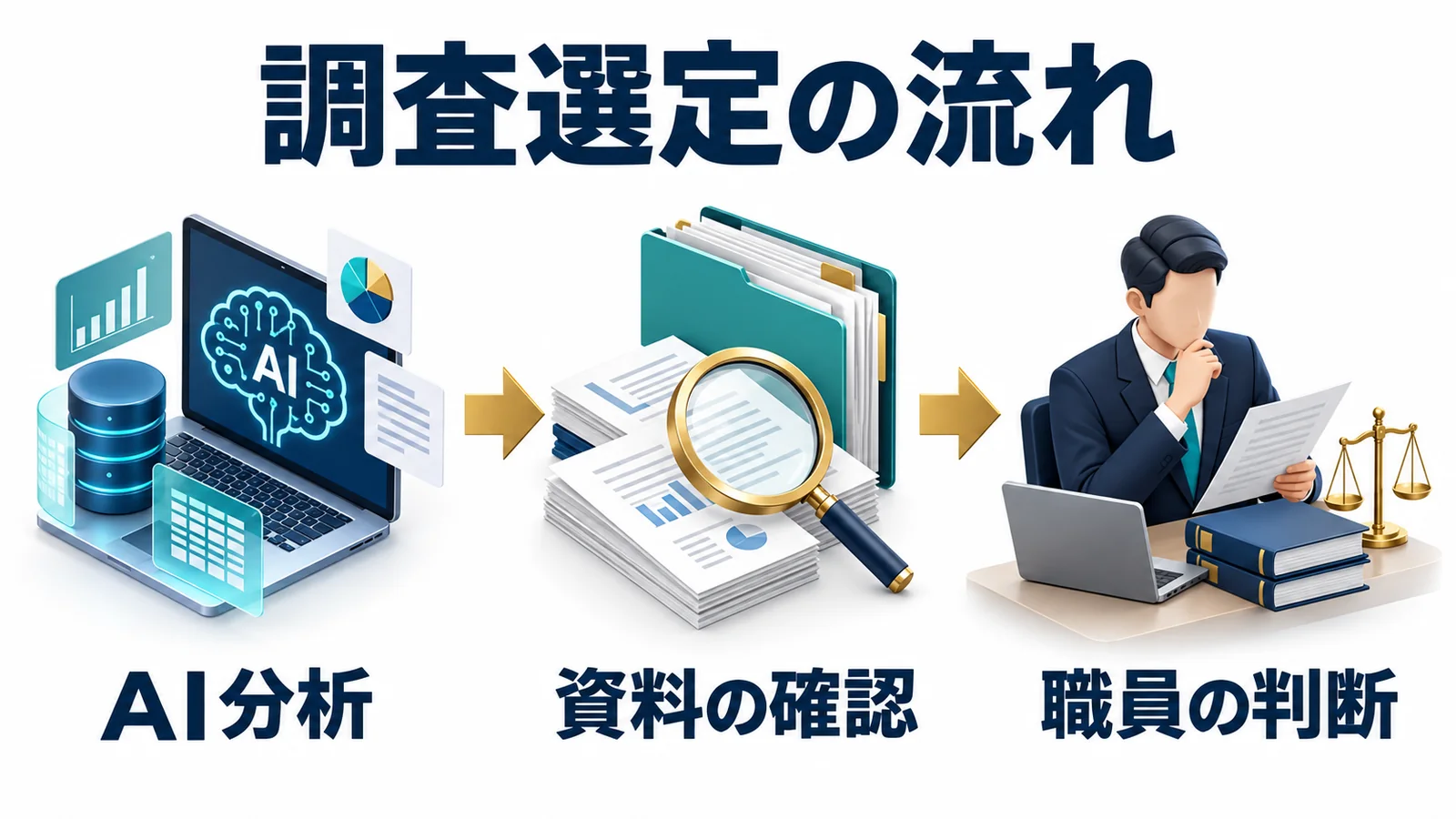 調査選定の流れ:AI分析・資料の確認・職員の判断
