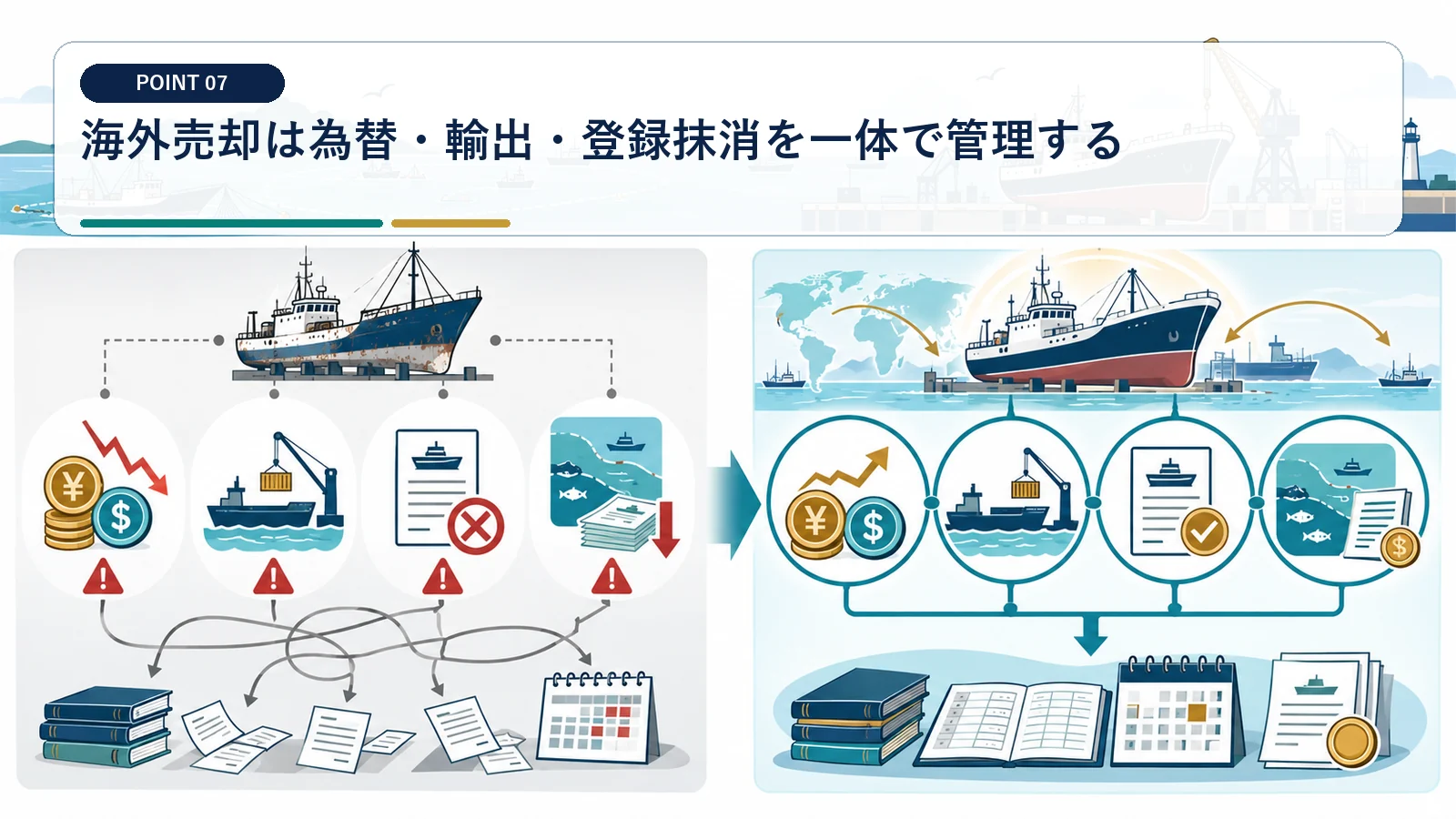 海外売却は為替・輸出・登録抹消を一体で管理する