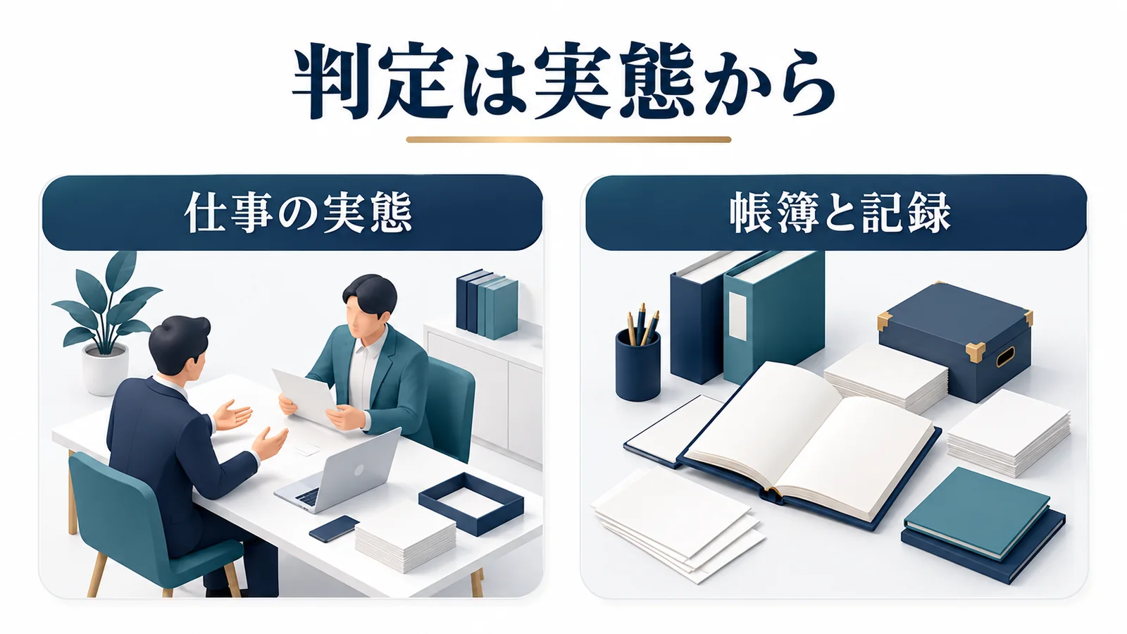 仕事の実態と帳簿や記録を合わせて判定
